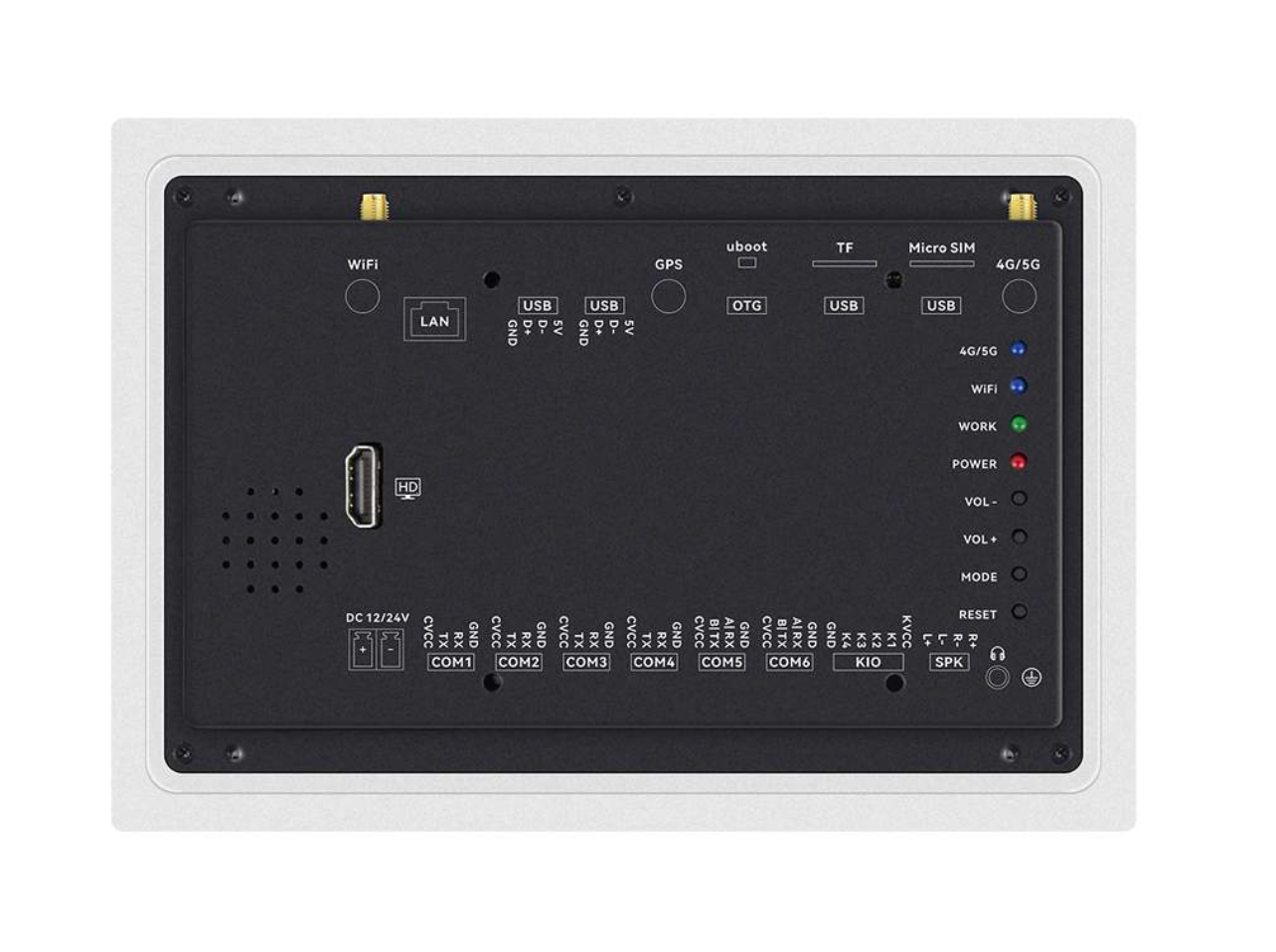 Back view of a electronic device with various ports and labels on a white background