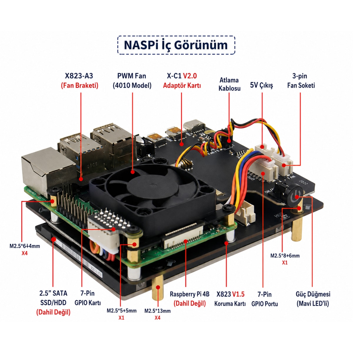 Raspberry Pi 4B NASPi 2,5 inç SATA NAS Depolama Kasası — HDD Yuvası