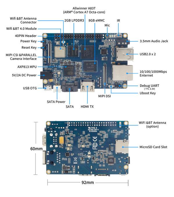 Banana Pi BPI-M3 Tek Kart Bilgisayar (SBC) – 2GB RAM + 8GB eMMC – 2