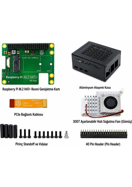 Raspberry Pi 5 M.2 HAT+ PCIe NVMe Genişletme Kiti — Kasa ve Soğutucu Dahil