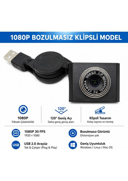 Raspberry Pi 5/4B 1080p USB Kamera Modülü — Düşük Distorsiyon, Arka Klips