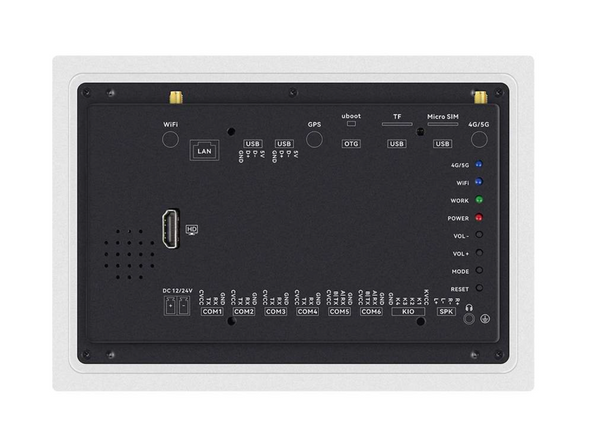 Back view of a electronic device with various ports and labels on a white background