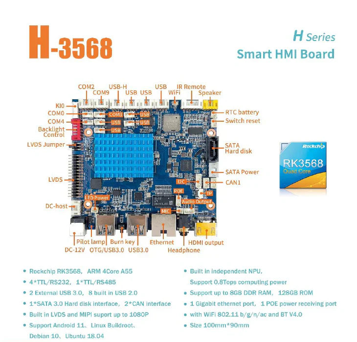 7 İnç RK3568 İşlemcili Open Frame Android Endüstriyel HMI Board – H-3568 Serisi