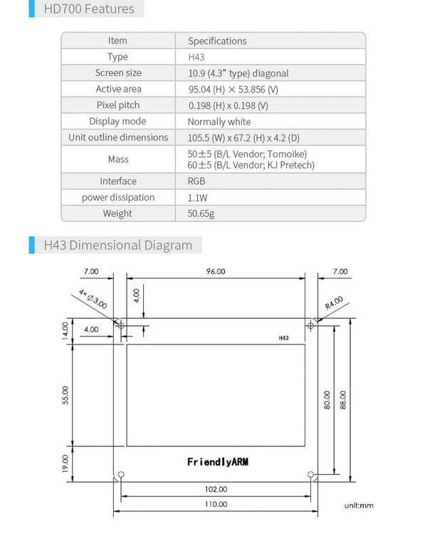 FriendlyElec H43 4.3″ Resistive Touch LCD– 480×272 RGB Endüstriyel HMI Ekran