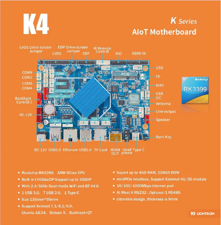 10.1 İnç RK3399 İşlemcili Open Frame Android Panel PC – 6 Çekirdekli ARM, Dual Display, RS232/RS485 (K4 Serisi)