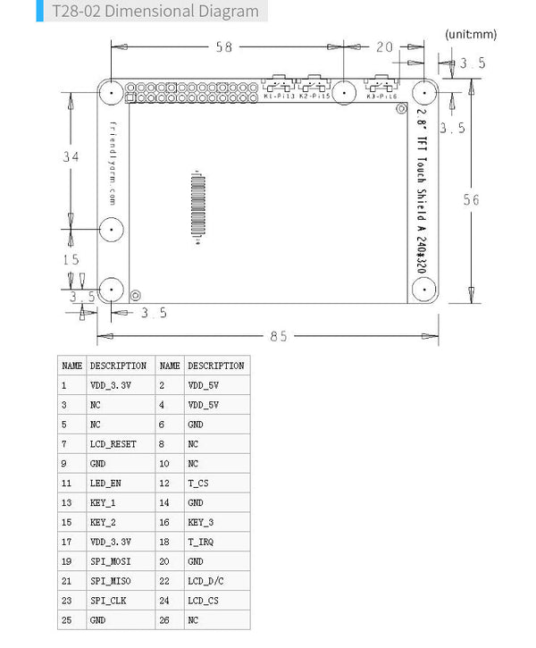 FriendlyElec 2.8" SPI TFT LCD Display– 320×240 Resistive Touch Modülü