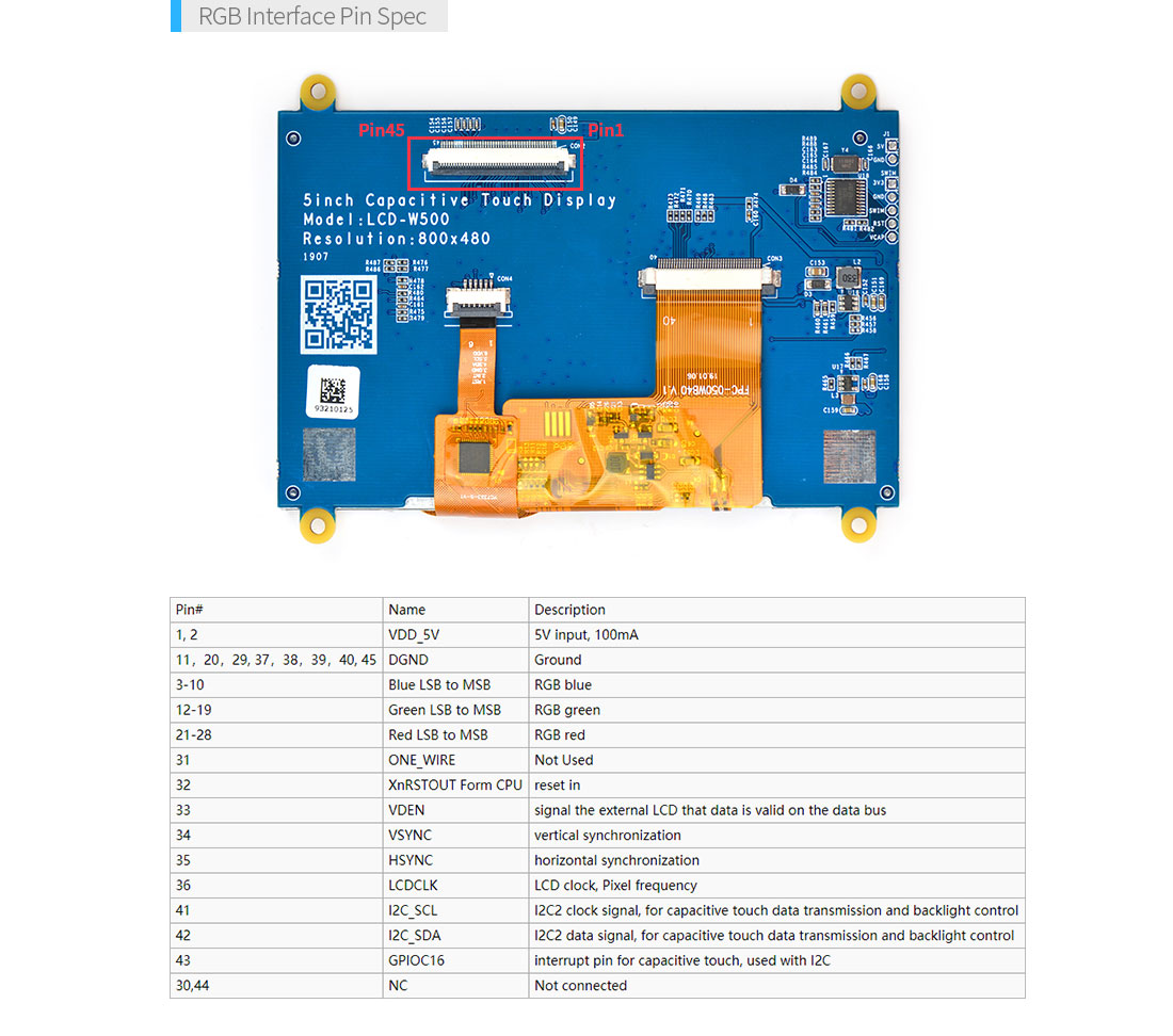 FriendlyElec W500 5" TFT LCD Display – 800×480 Capacitive Touch RGB Screen