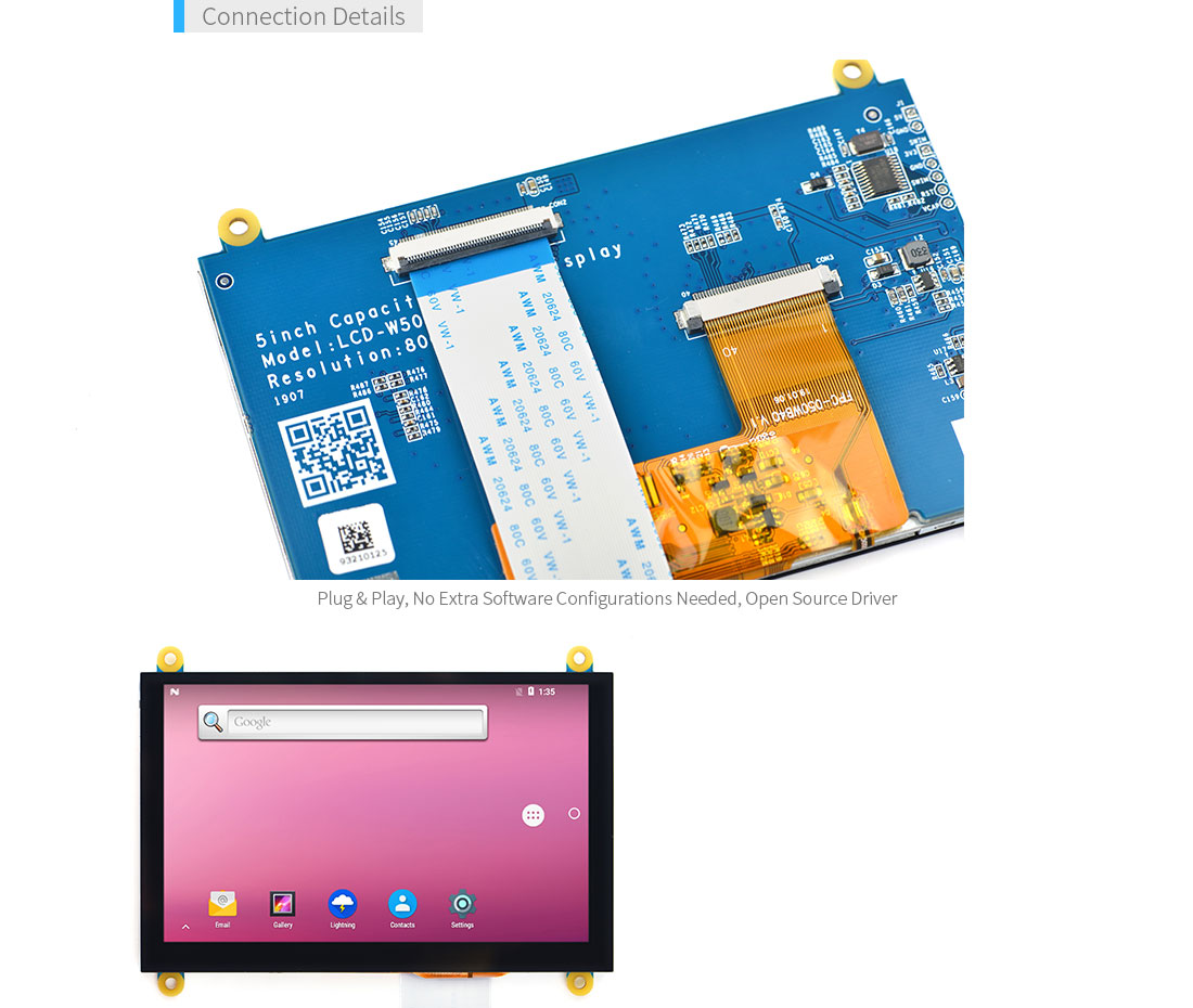 FriendlyElec W500 5" TFT LCD Display – 800×480 Capacitive Touch RGB Screen