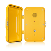 Hands-free weatherproof telephone with a door