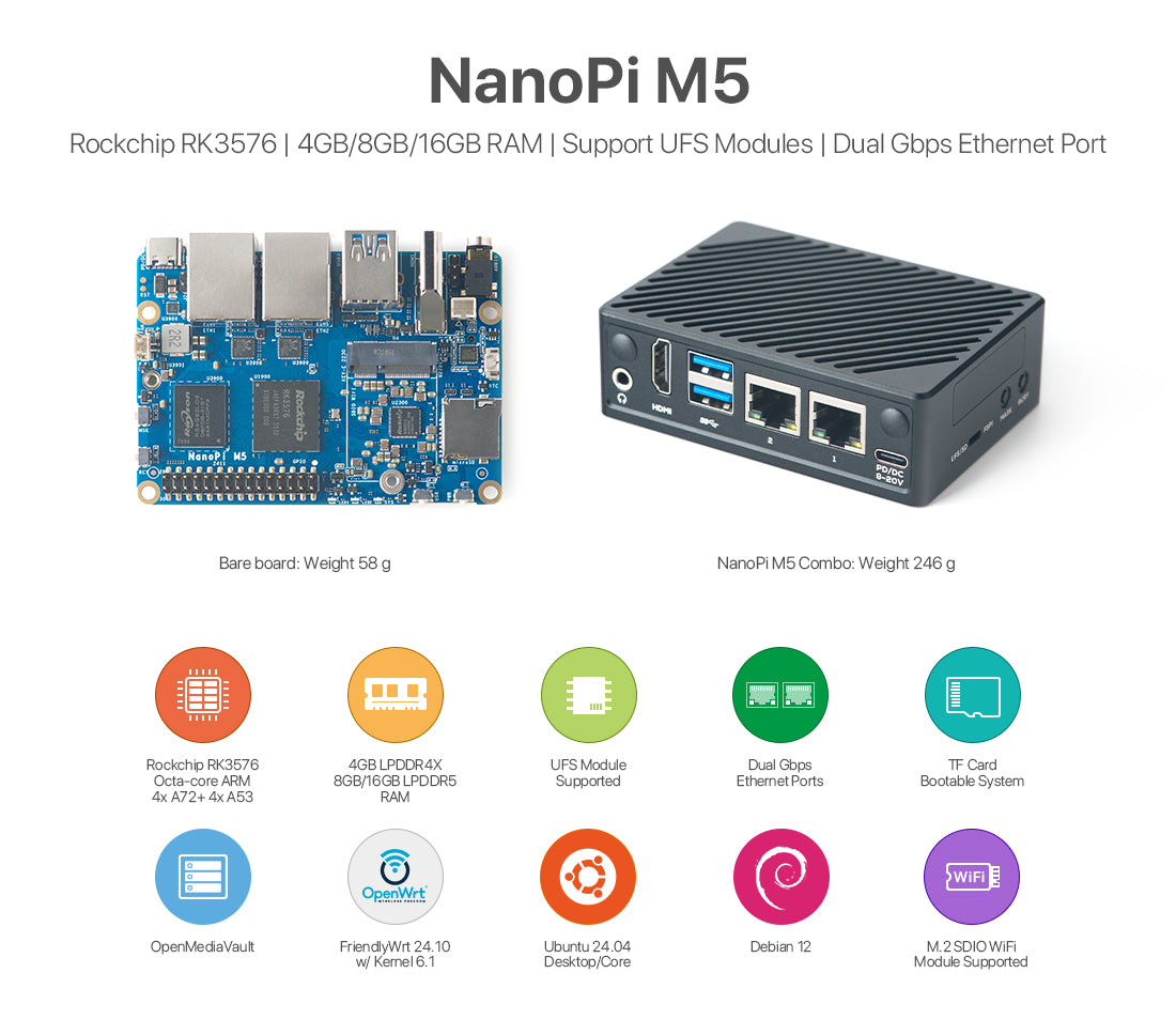 Friendly Elec NanoPi M5 RK3576 AI Geliştirme Kartı | 6 TOPS NPU | Çift Gigabit Ethernet | NVMe SSD