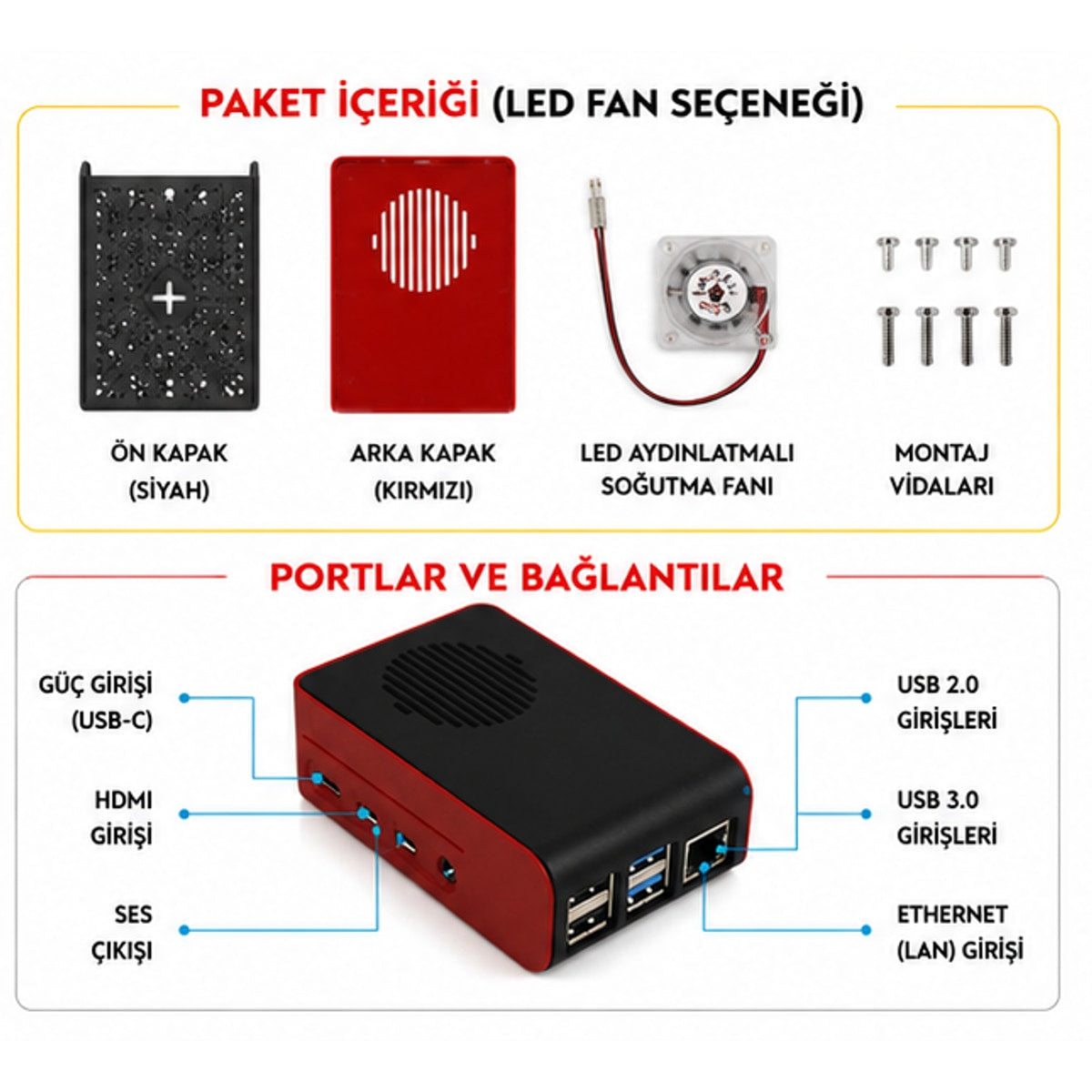 Raspberry Pi 4B ABS LED Fanlı Soğutma Kasası — Siyah / Kırmızı