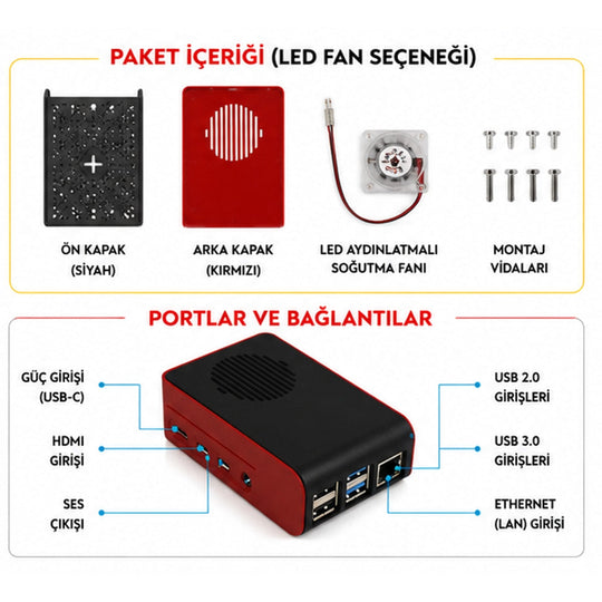 Raspberry Pi 4B ABS LED Fanlı Soğutma Kasası — Siyah / Kırmızı
