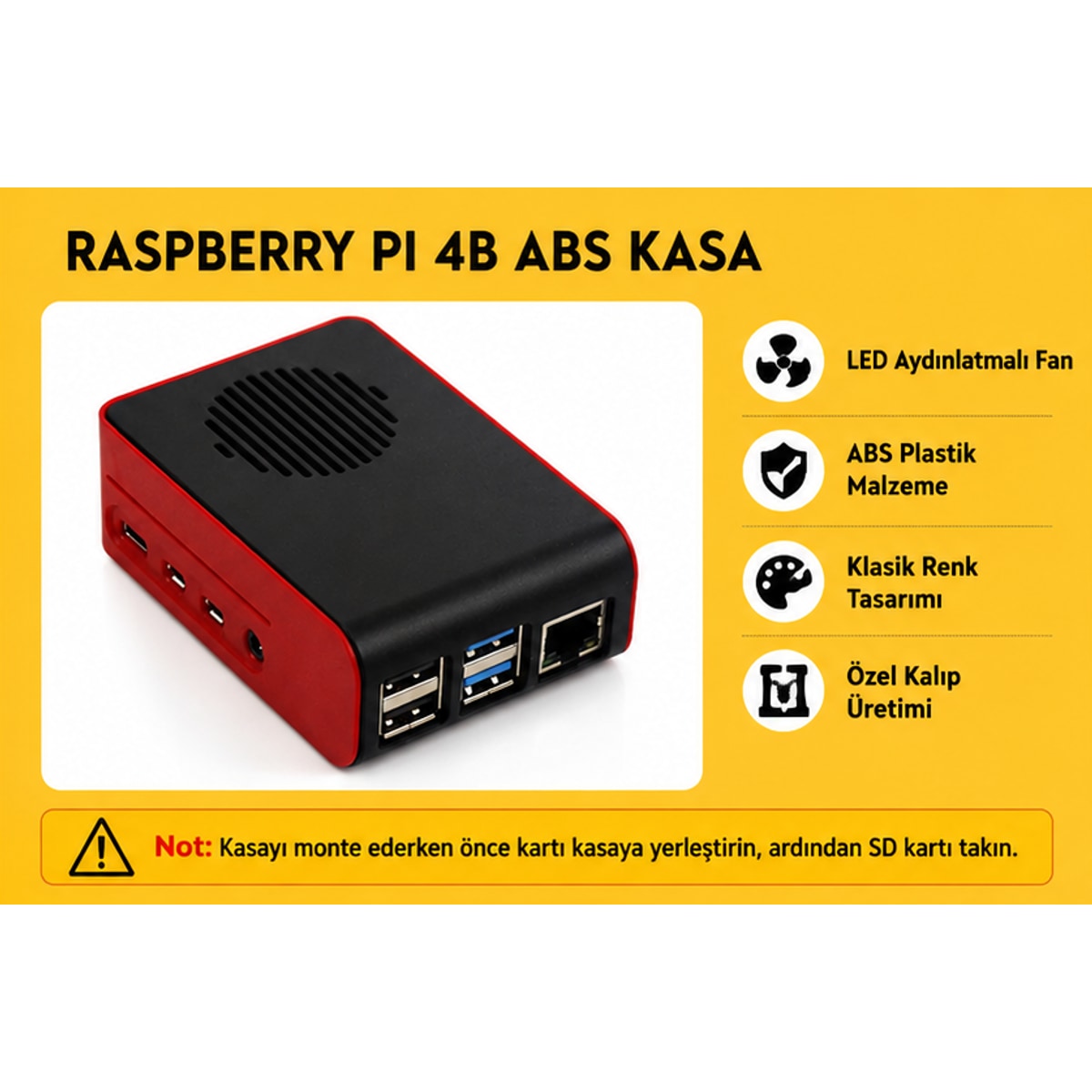 Raspberry Pi 4B ABS LED Fanlı Soğutma Kasası — Siyah / Kırmızı