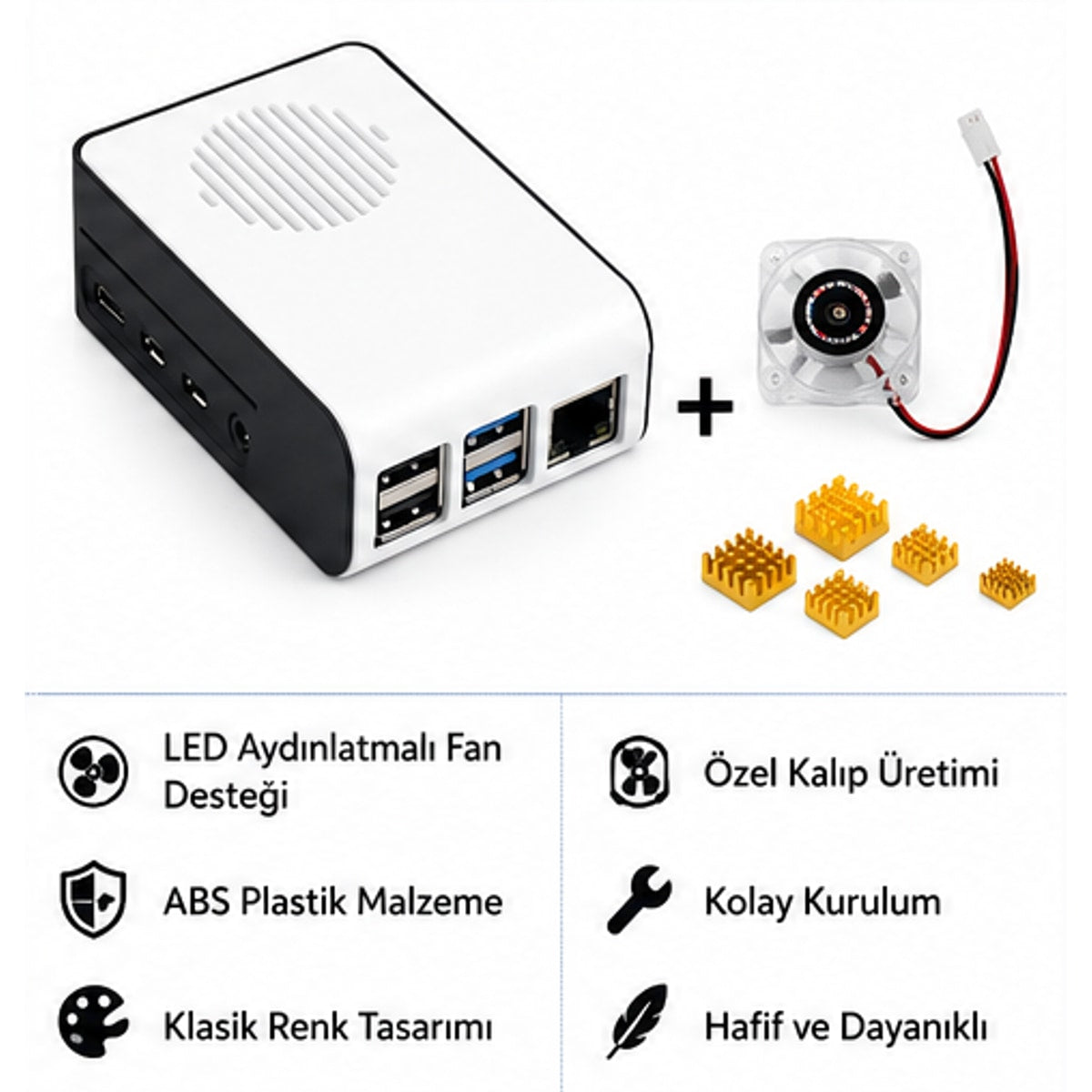 Raspberry Pi 4B ABS LED Fanlı Soğutma Kasası — Beyaz / Siyah